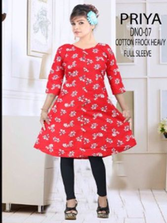 Red Floral Printed Cotton Frock Full Sleeve (XL)