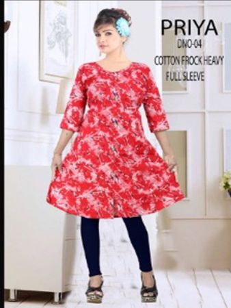 Red Printed Cotton Frock Full Sleeve (XL)